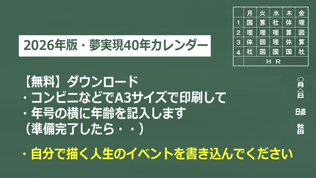 2026年版夢実現40年カレンダーのイメージ画像
